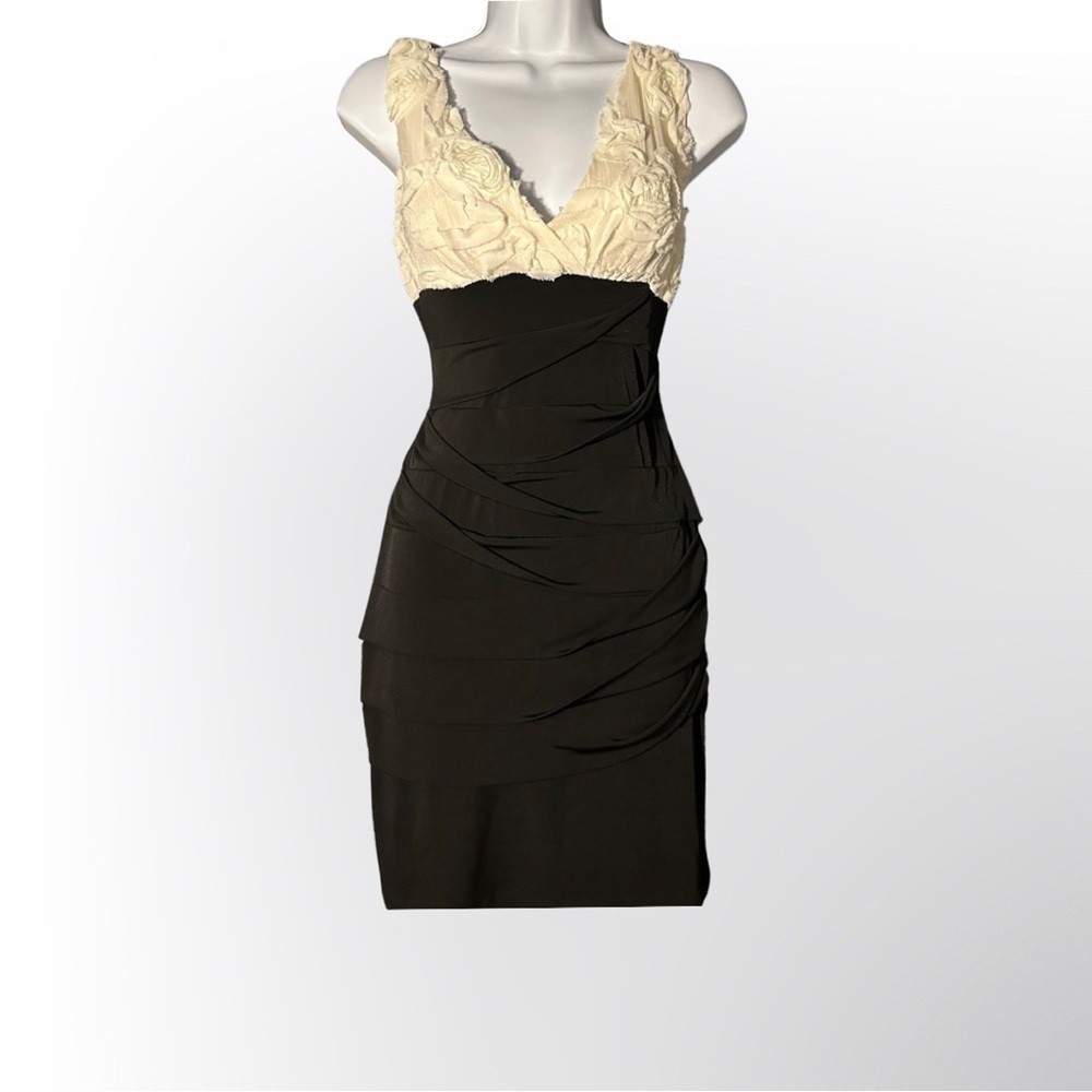 Cream 3D Rose top with black layered wrap midi skirt